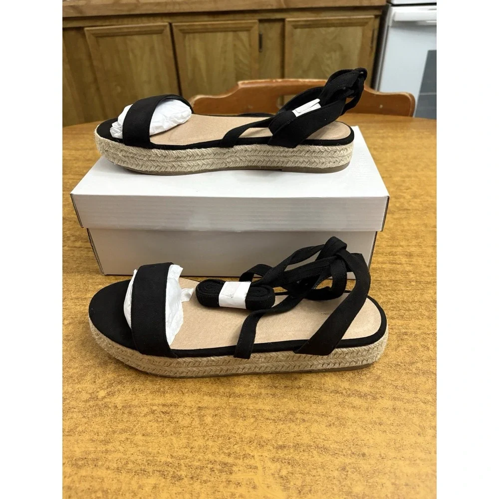 PrettyLittleThing Black Lace Up Espadrille Flatform Sandal‎ Size 8 US NEW